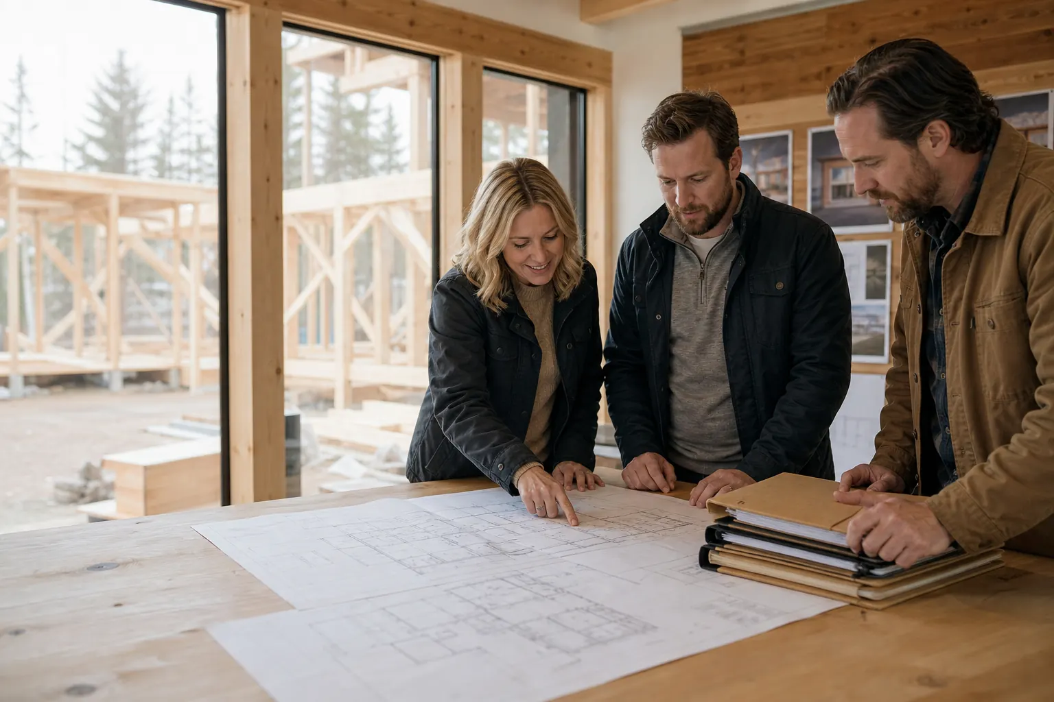 AI-generated residential construction sales handover where three home-building professionals review plans and organized project folders