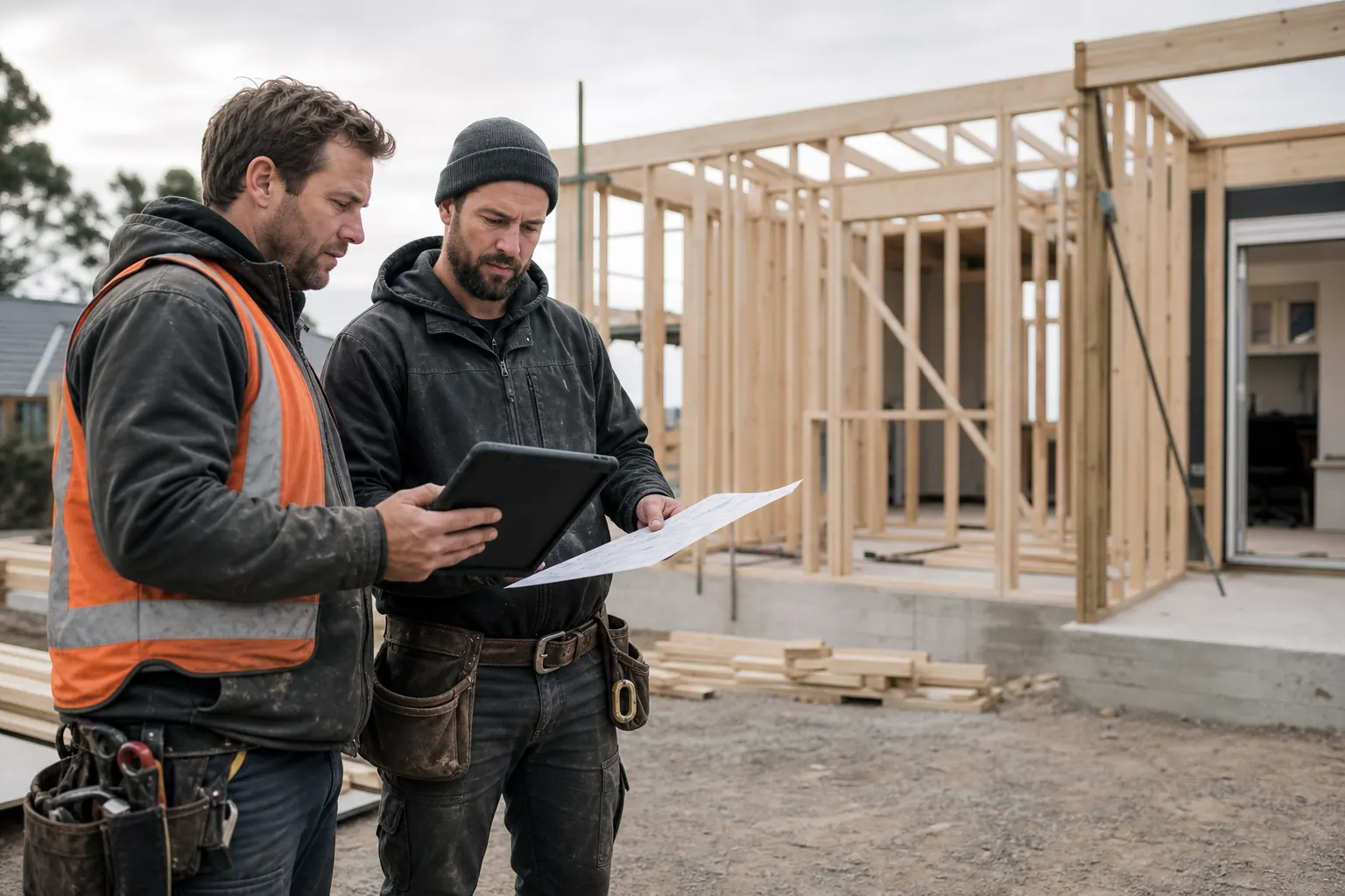 AI-generated residential jobsite where a supervisor and trade foreman compare a rugged tablet with a paper schedule