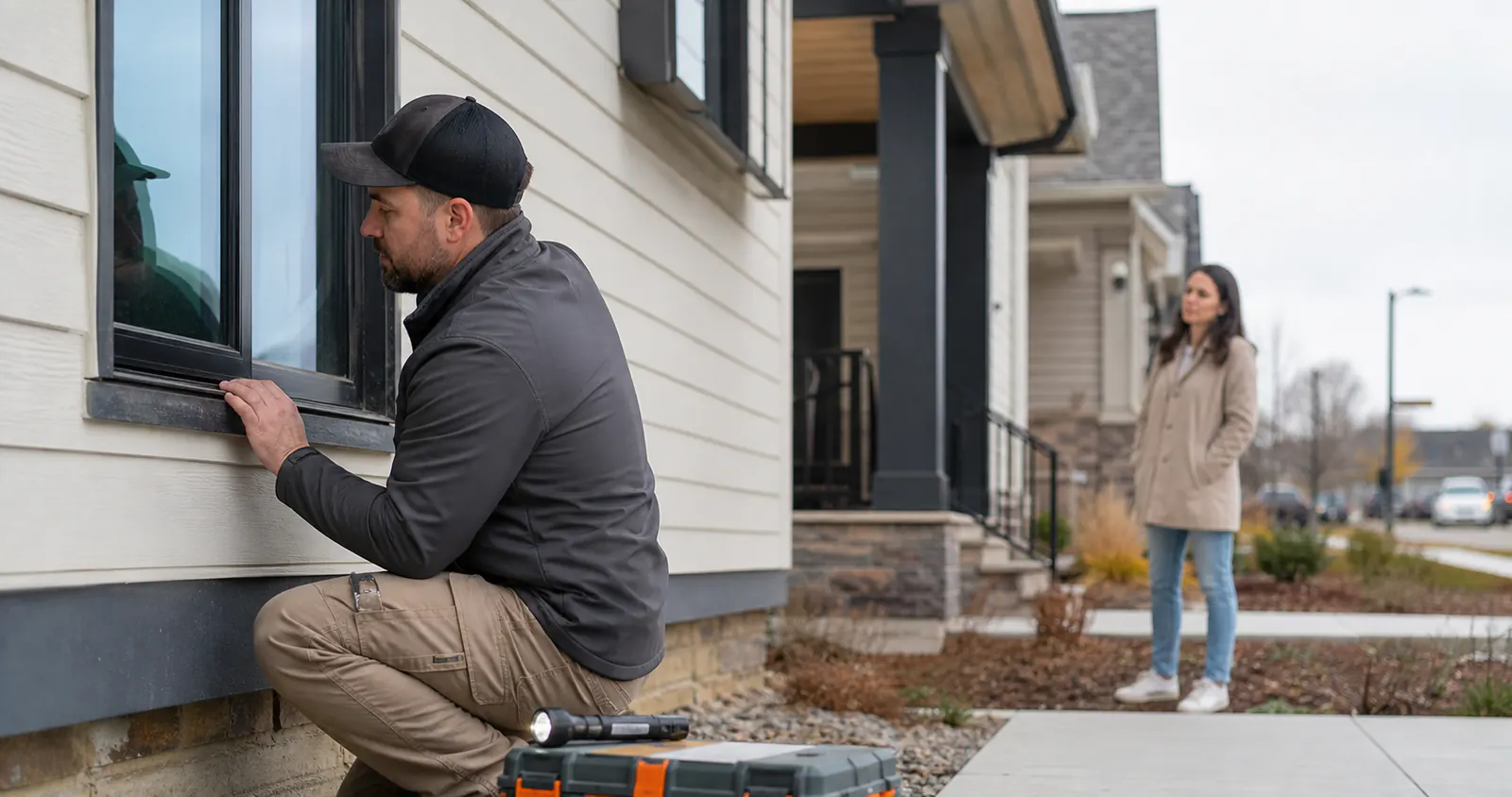 AI-generated post-handover home inspection with a service technician checking an exterior window frame