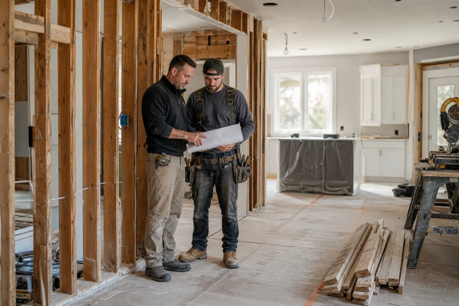 AI-generated residential remodeling site where a supervisor and carpenter inspect an opened wall beside a floor plan