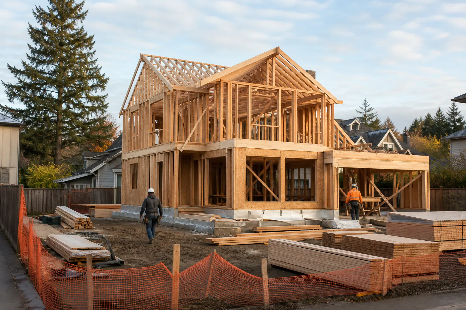 AI-generated view of a detached wood-frame home under construction with workers and staged materials