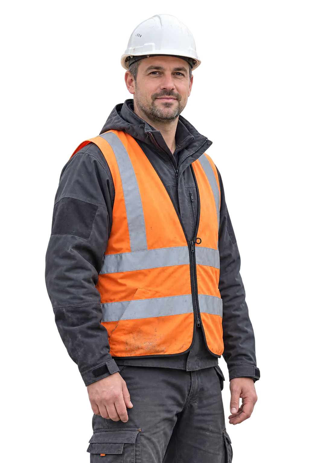 AI-generated construction site manager in safety workwear