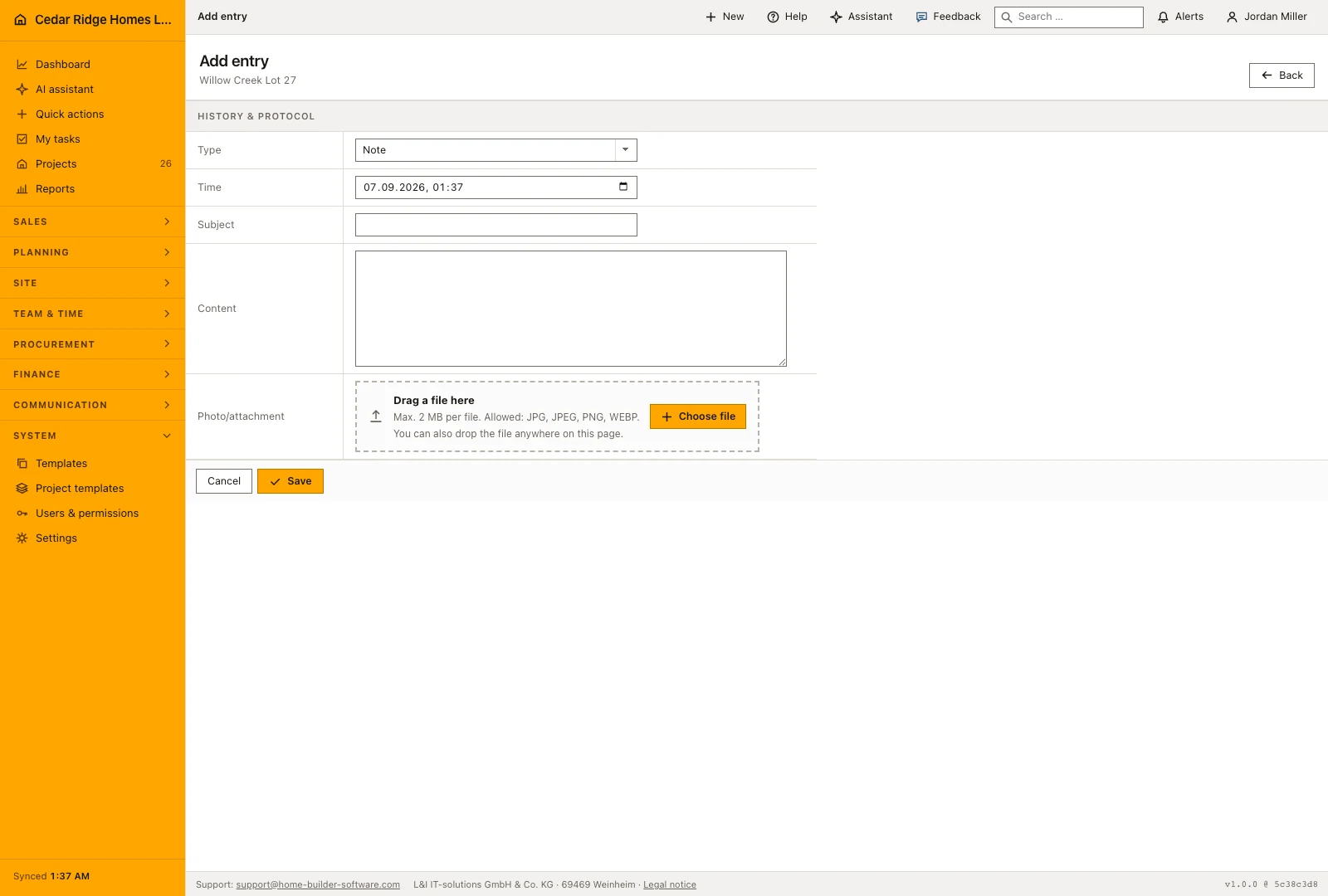 Real product screenshot: Unified construction activity history