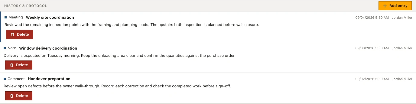 Real Home Builder Software interface for Unified construction activity history