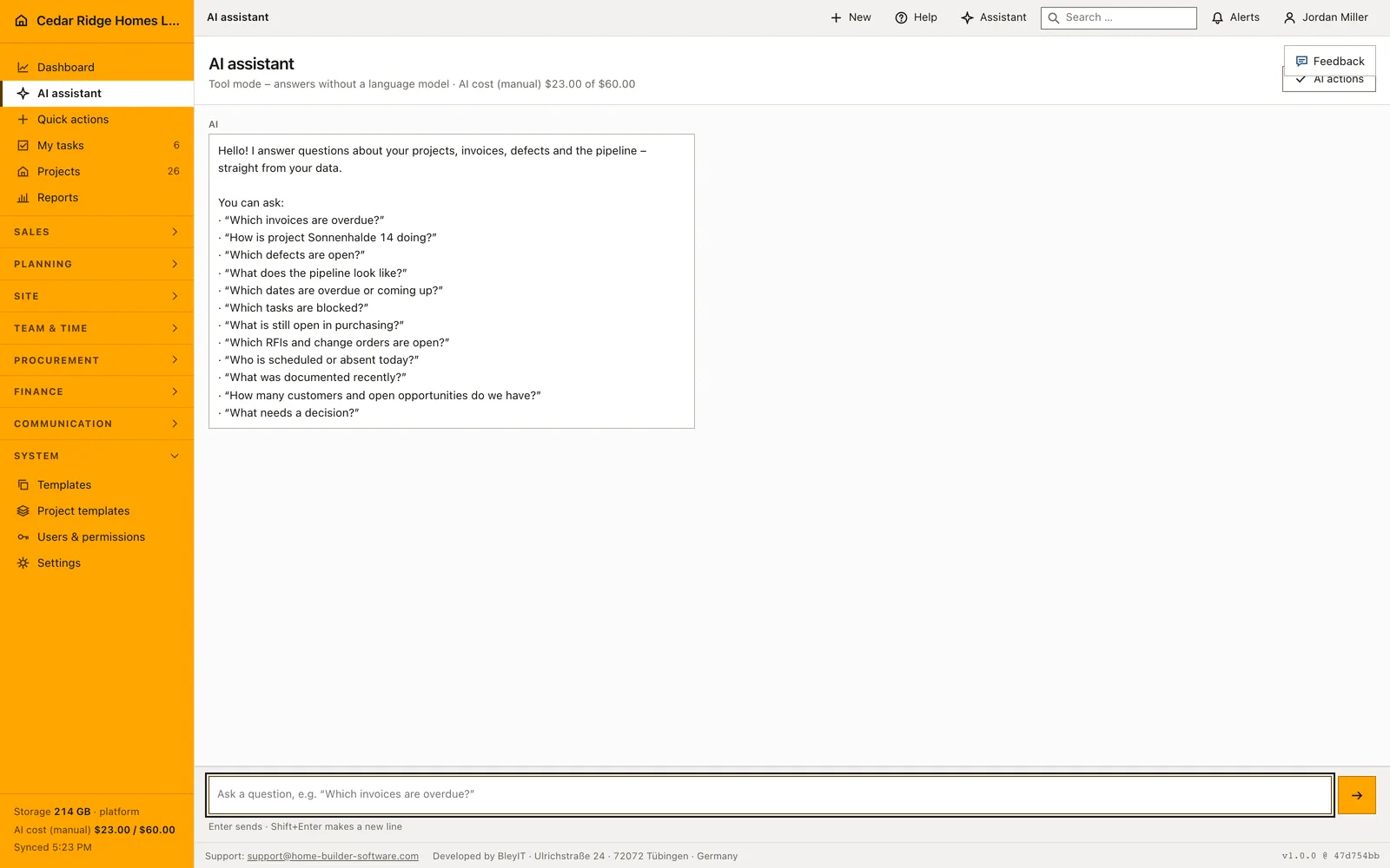 The Home Builder Software assistant answering a question with linked sources