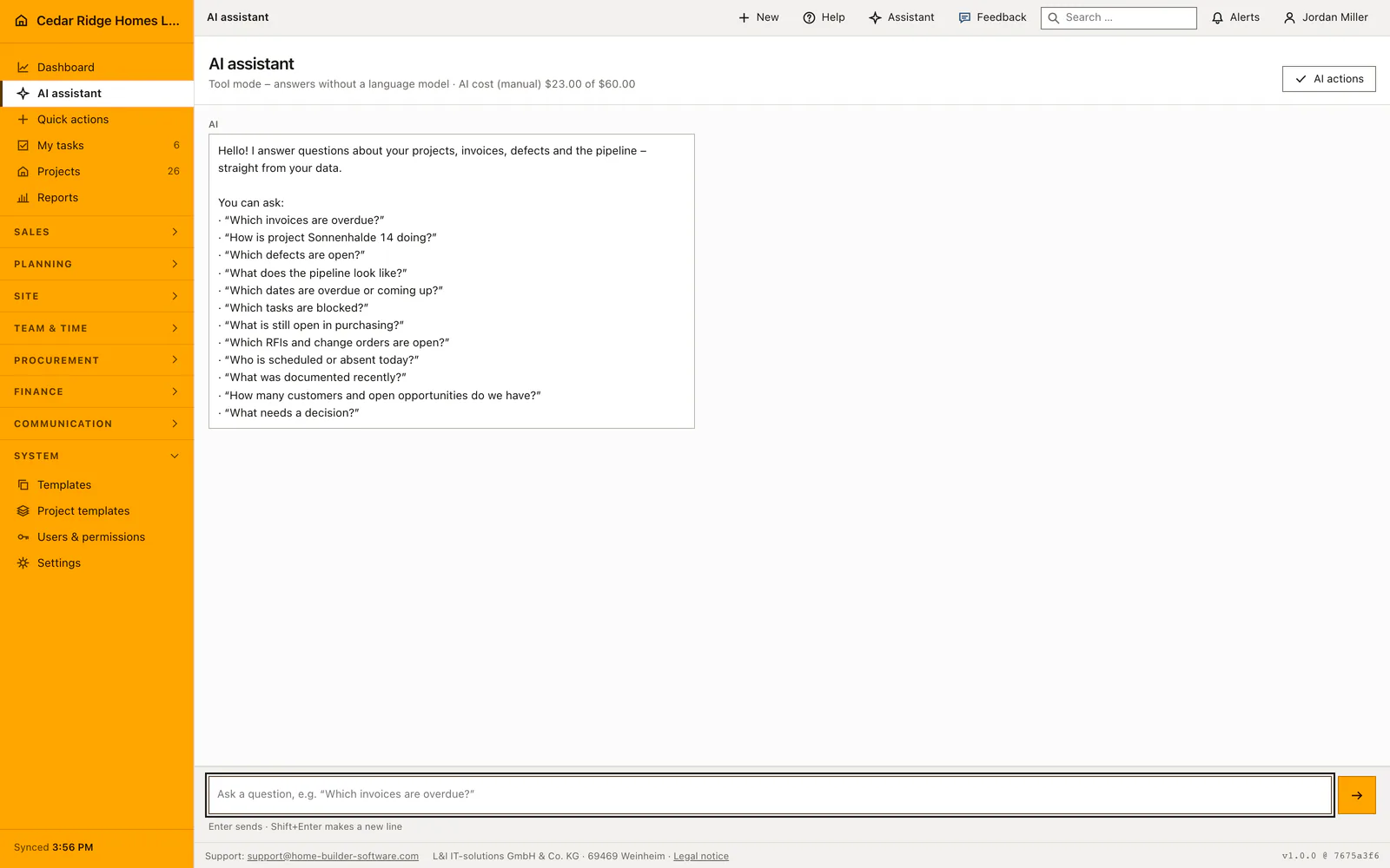 The Home Builder Software assistant answering a question with linked sources