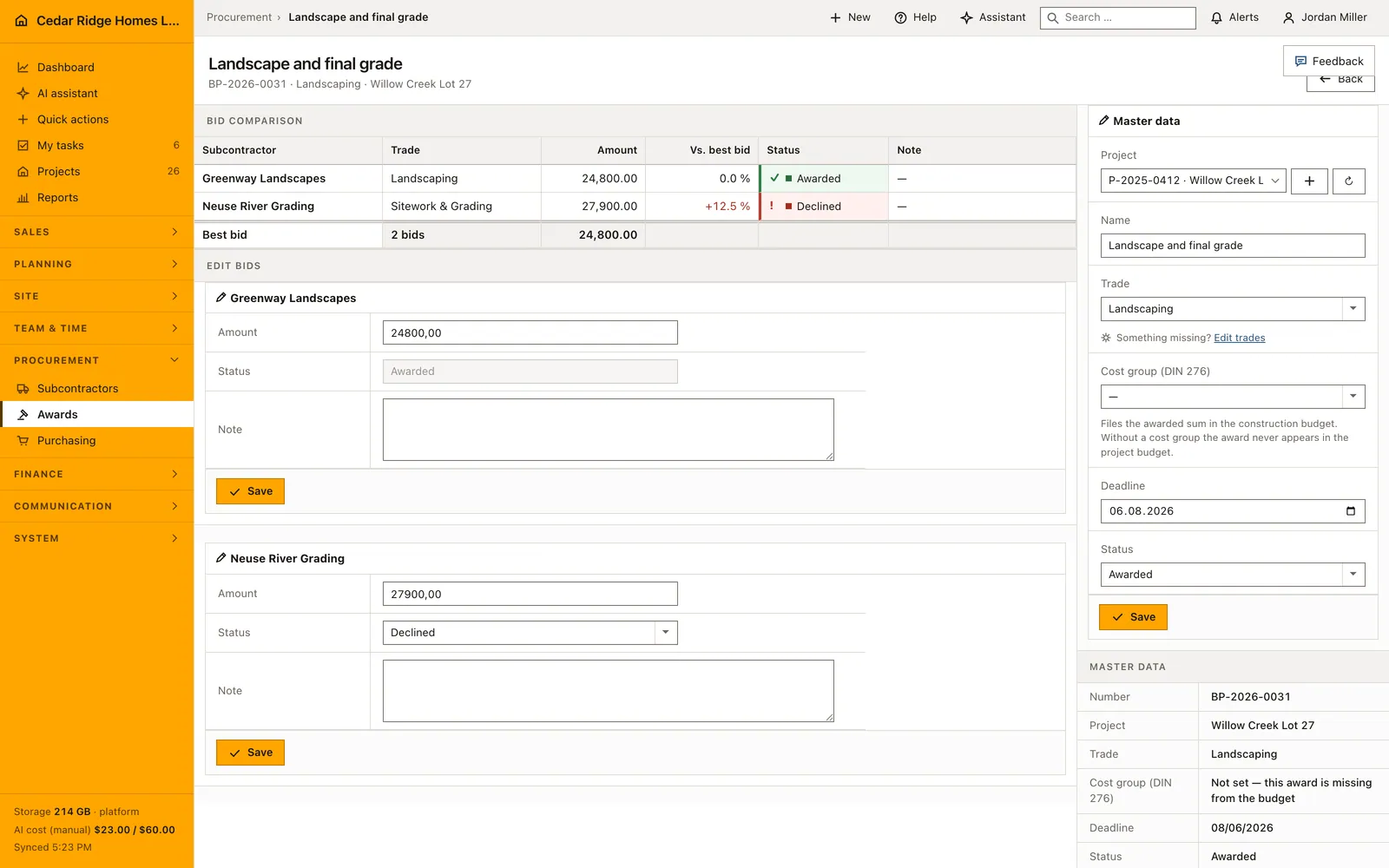 Real Home Builder Software interface for Construction bid comparison and awards