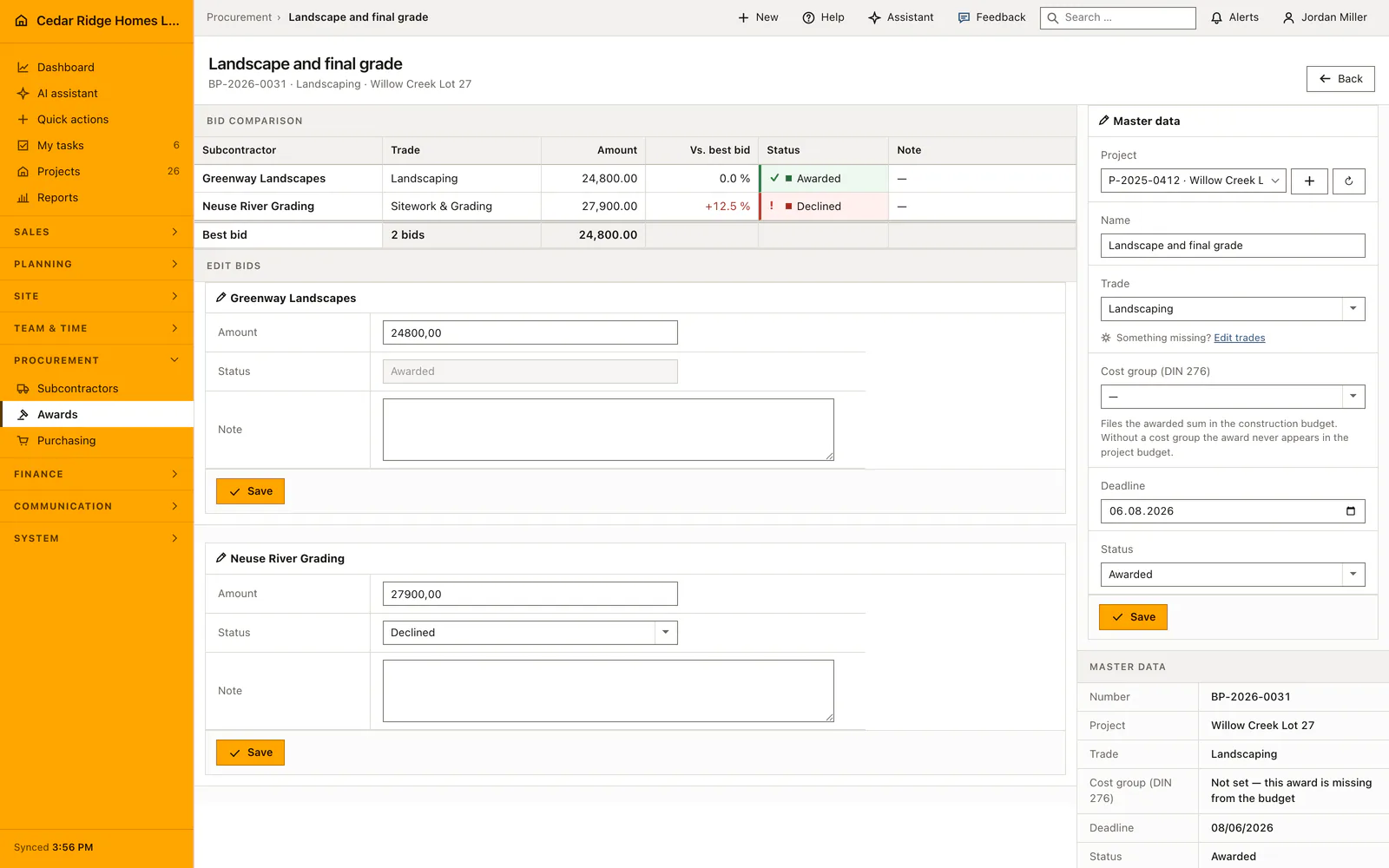 Real Home Builder Software interface for Construction bid comparison and awards