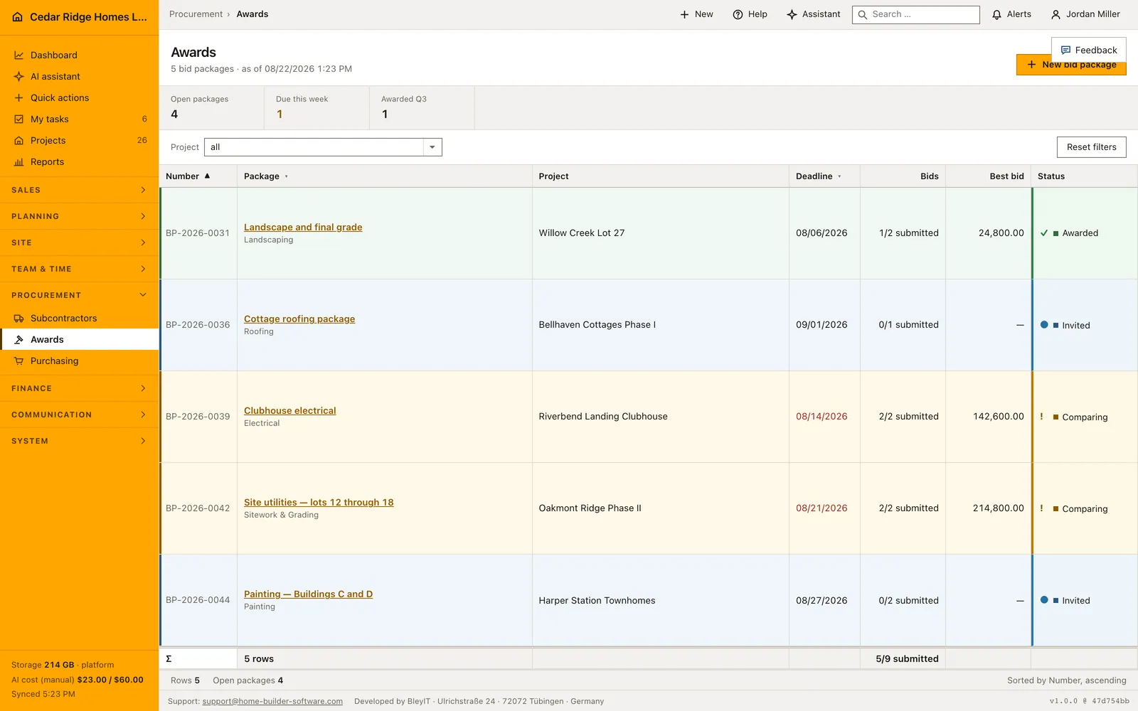 Real product screenshot: Construction bid comparison and awards