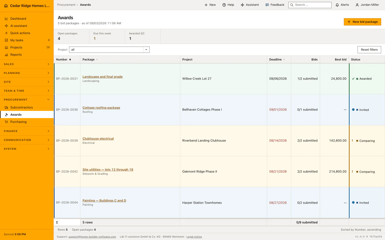 Real product screenshot: Construction bid comparison and awards