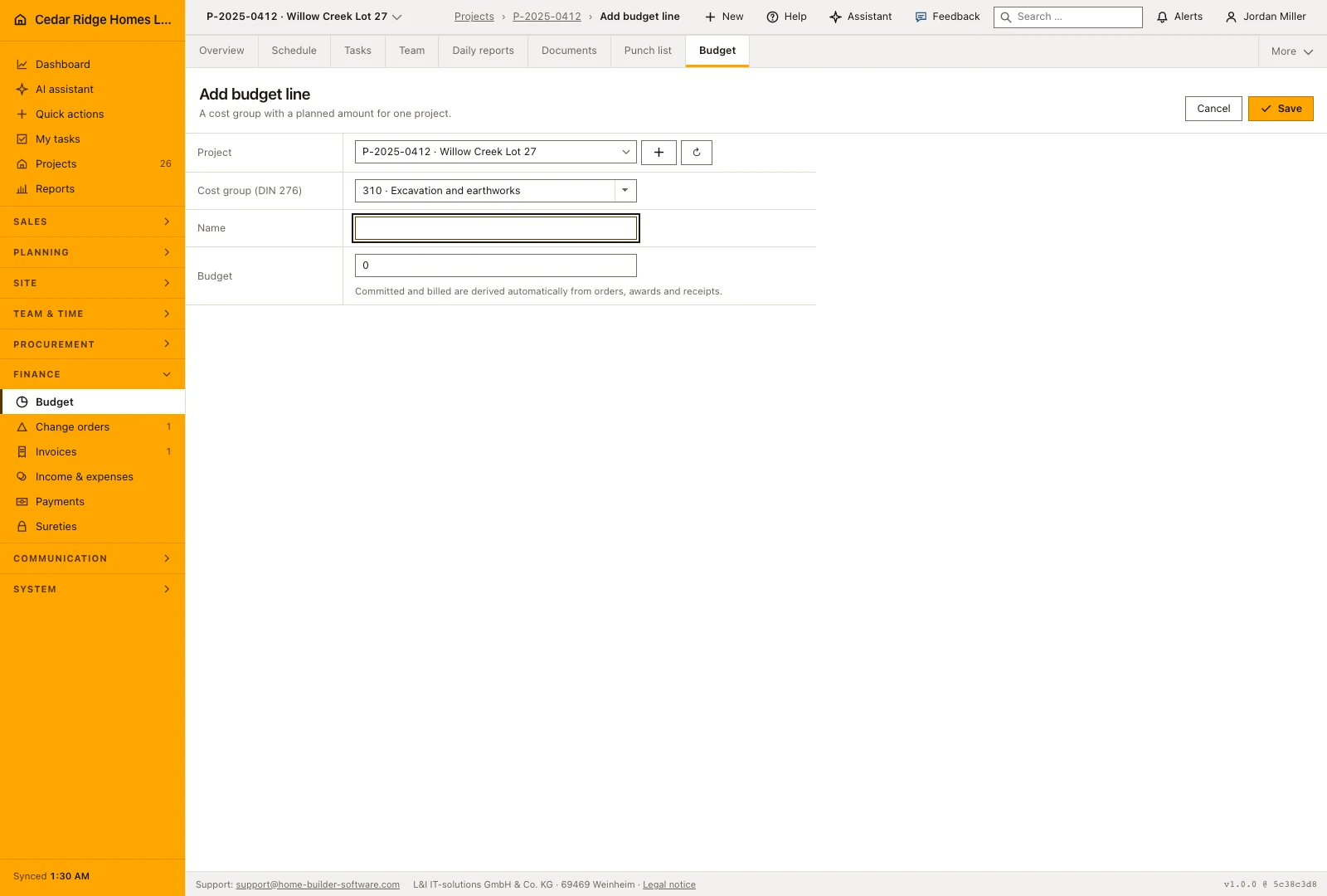 Real product screenshot: Construction budget control