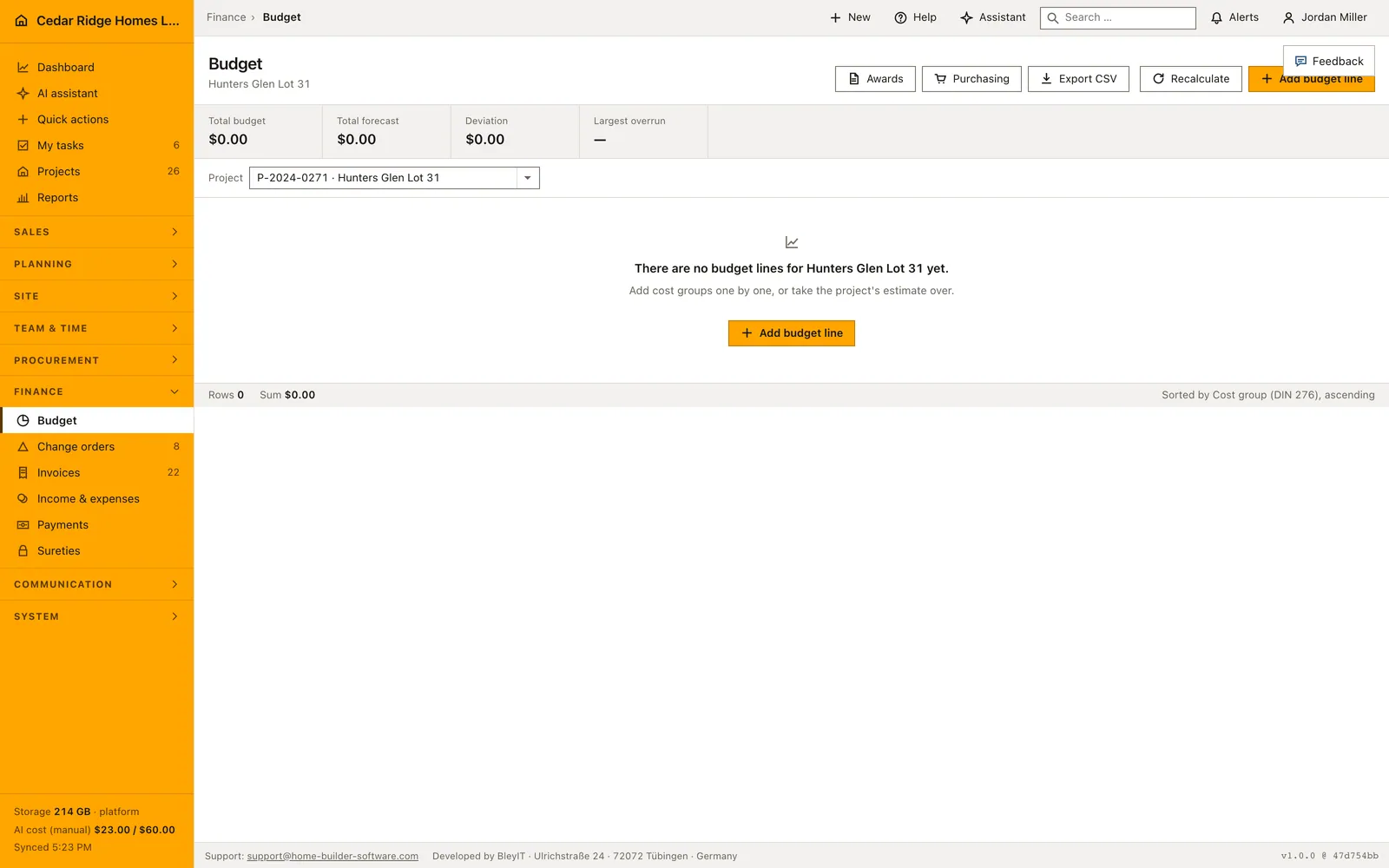 Real Home Builder Software interface for Construction budget control