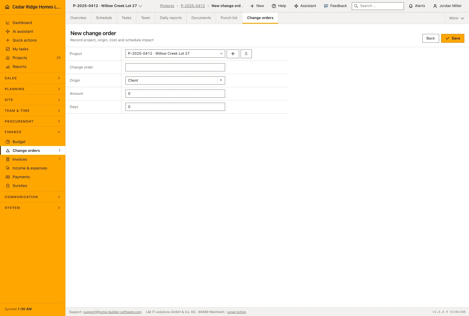 Real product screenshot: Change order software for builders and remodelers