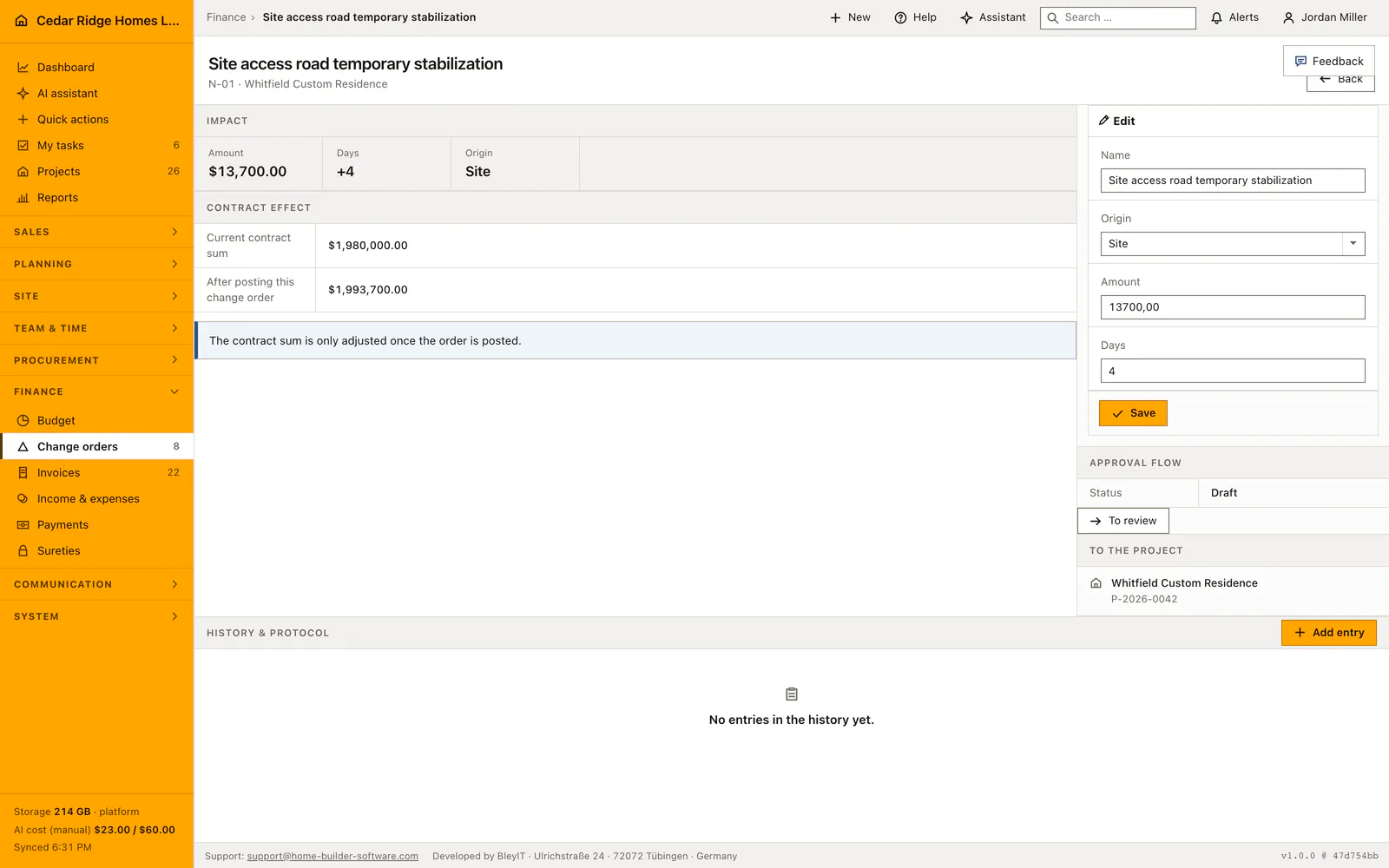 Real Home Builder Software interface for Construction change order management