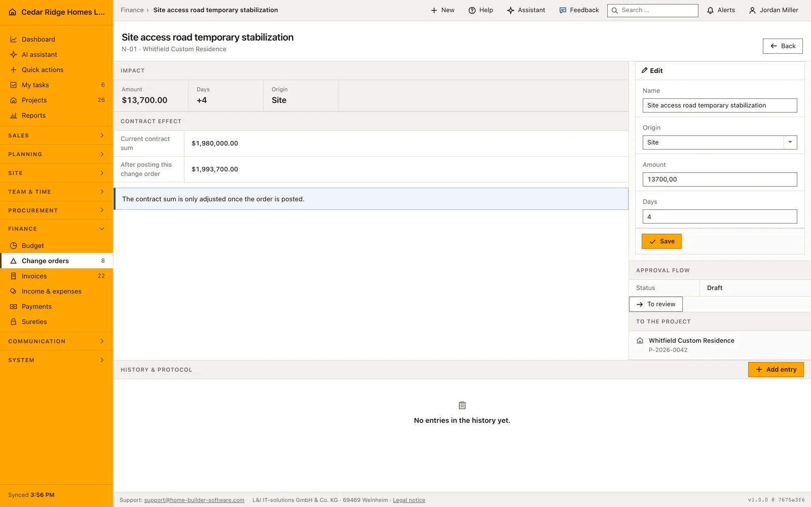 Home Builder Software change order with project, amount, added days and review status