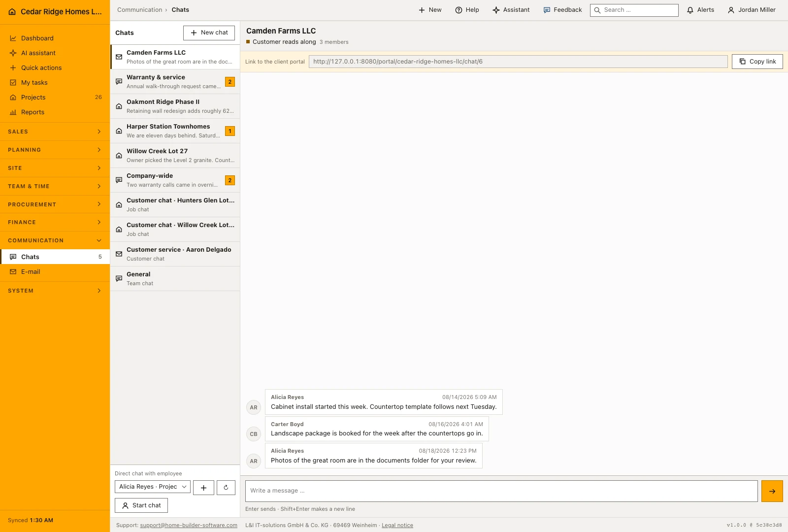 Real product screenshot: Construction team and project chat
