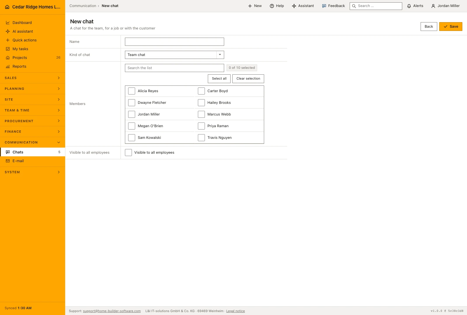 Real product screenshot: Construction team and project chat