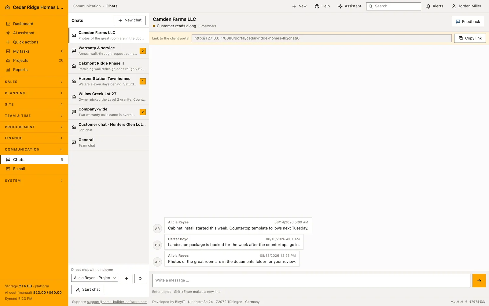 Real Home Builder Software interface for Construction team and project chat