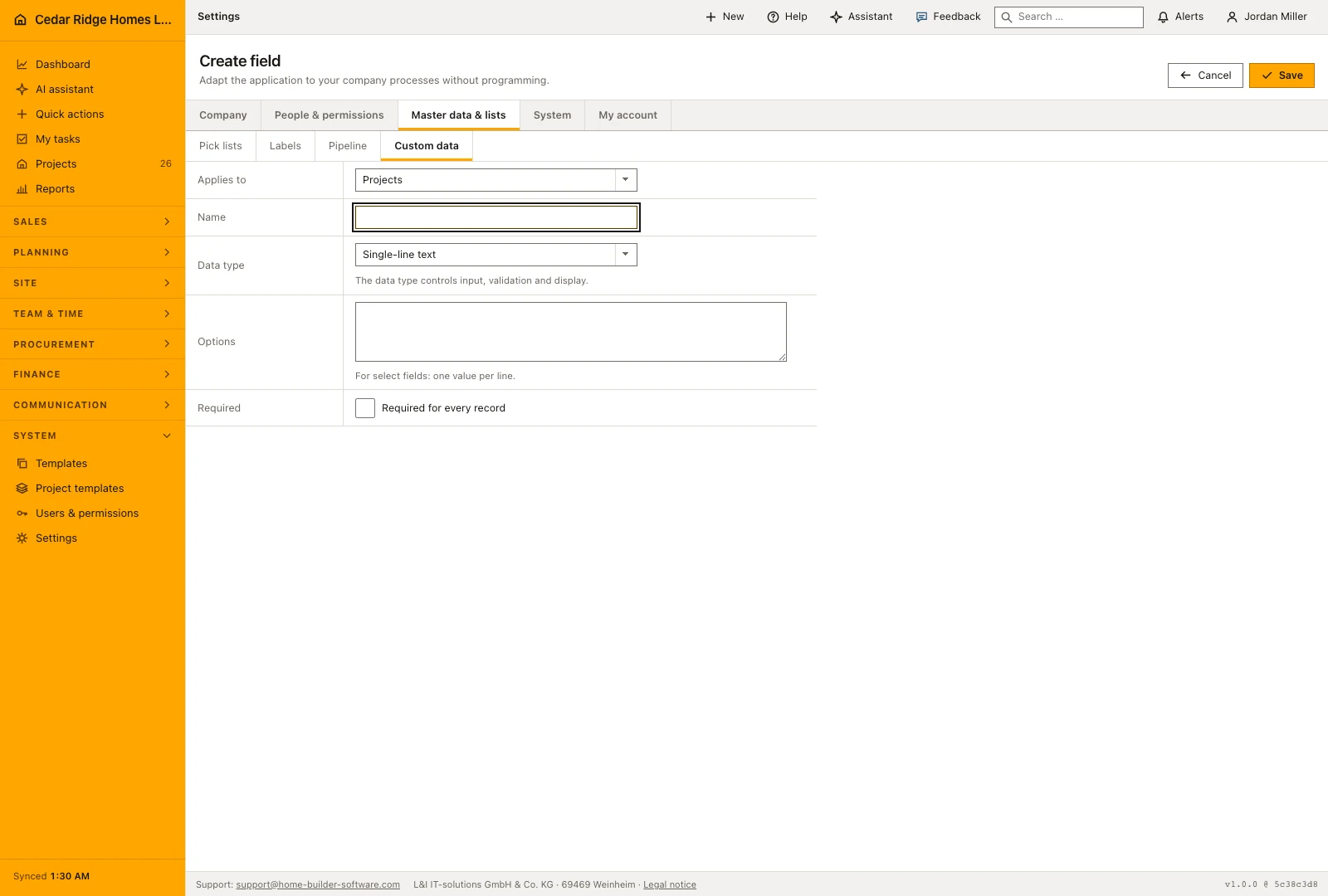 Real product screenshot: Custom construction fields, tables and imports