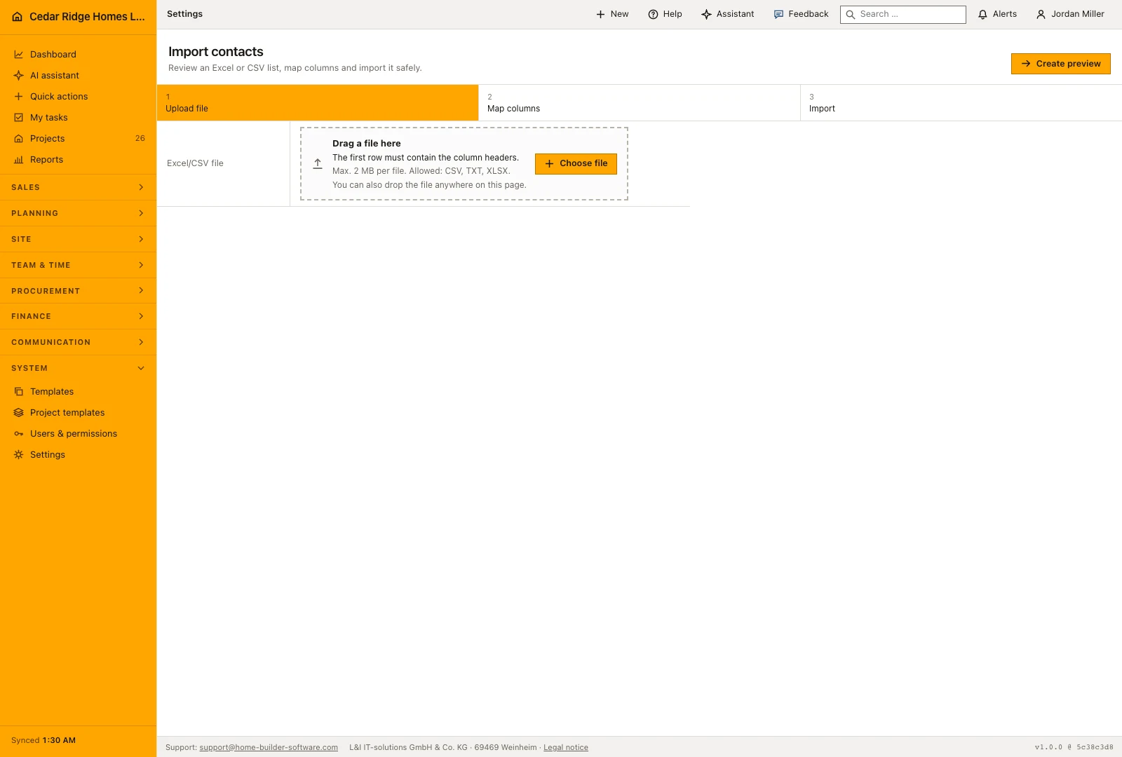 Real product screenshot: Custom construction fields, tables and imports