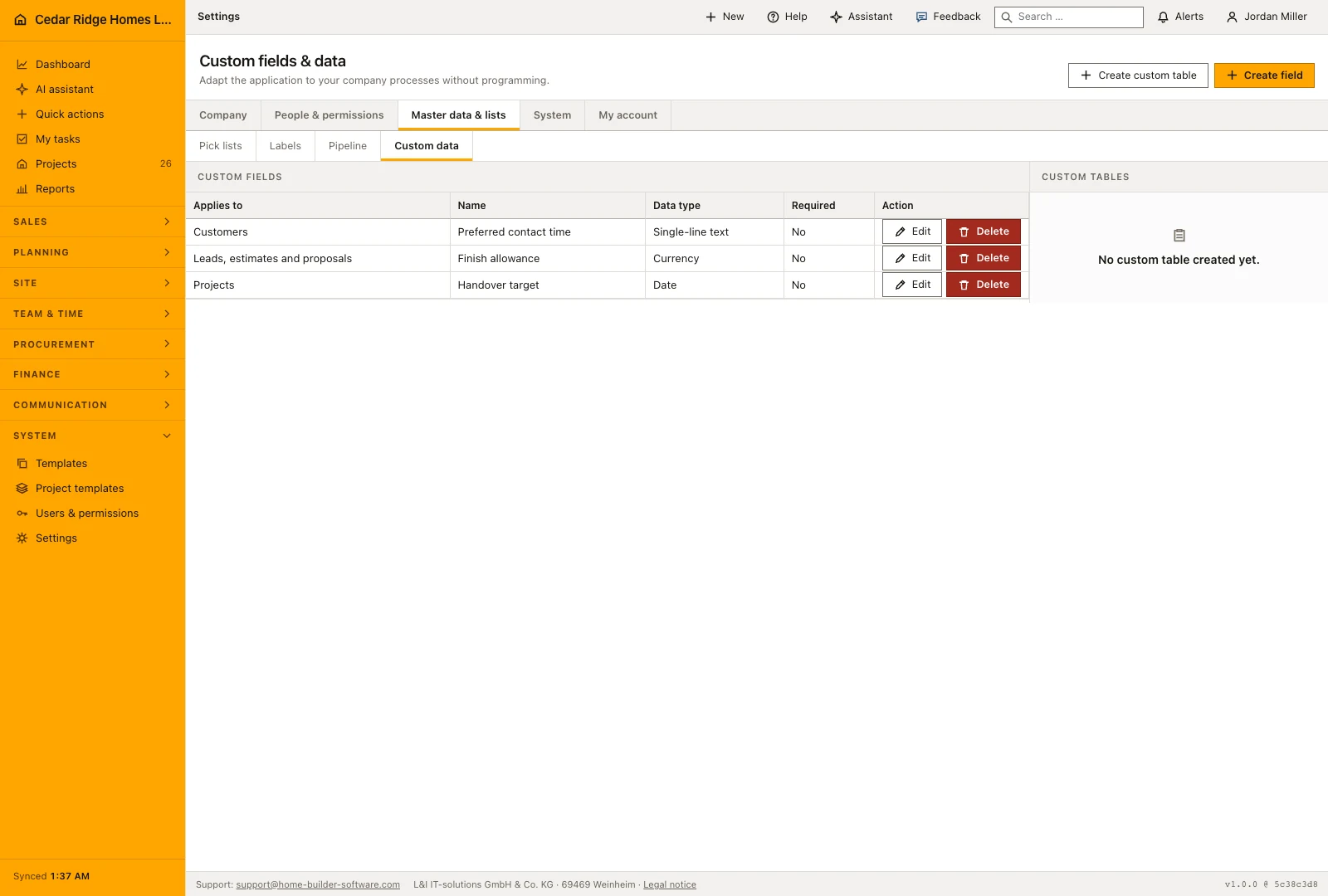 Real Home Builder Software interface for Custom construction fields, tables and imports
