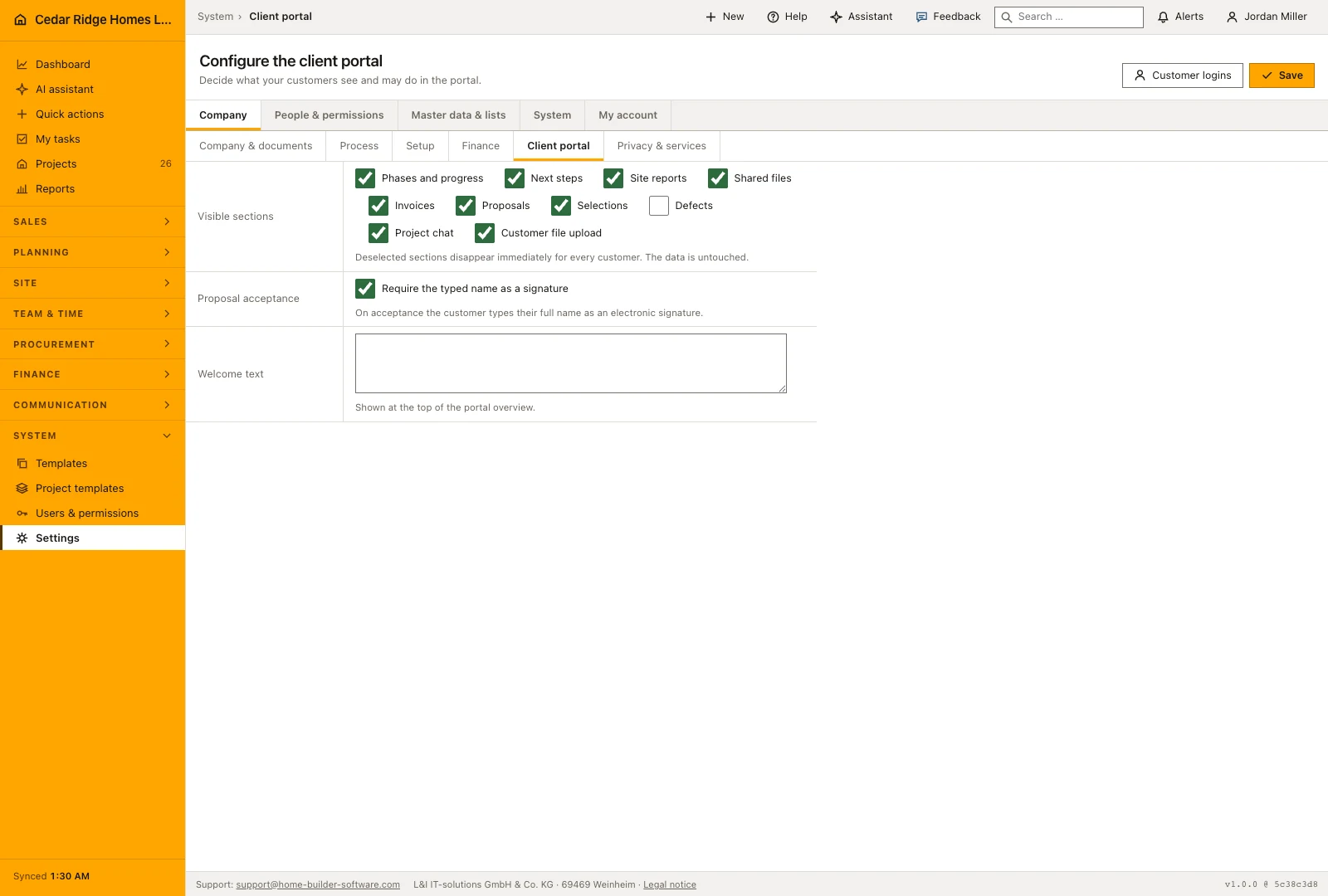Real product screenshot: Customer portal for home builders