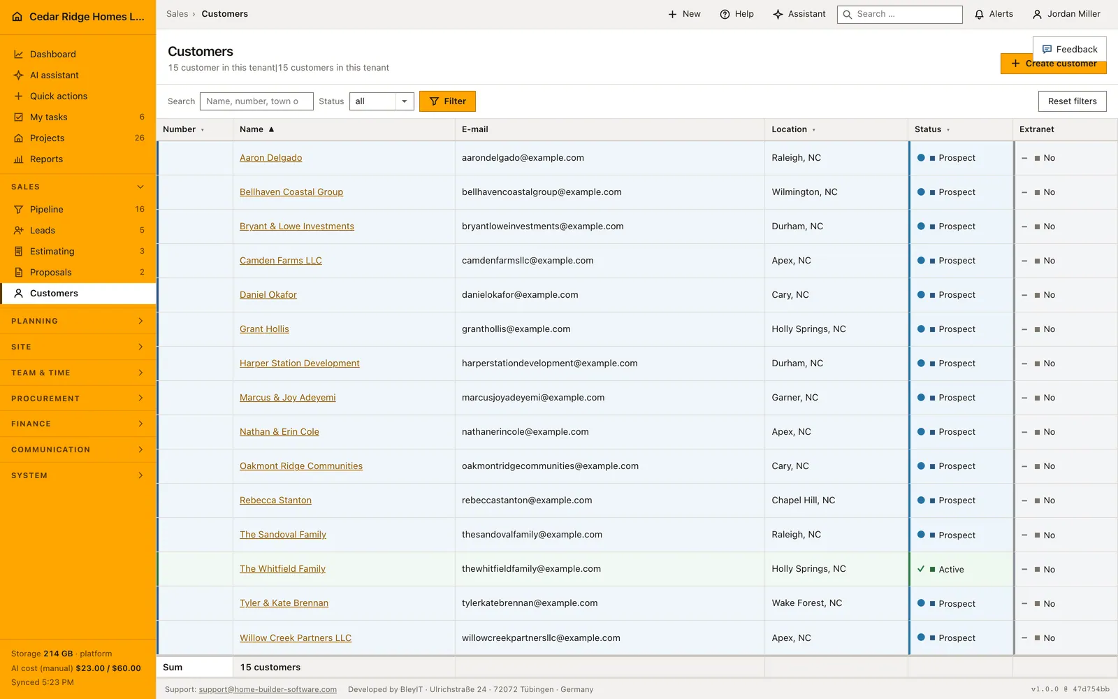 Real Home Builder Software interface for Customer records for home builders