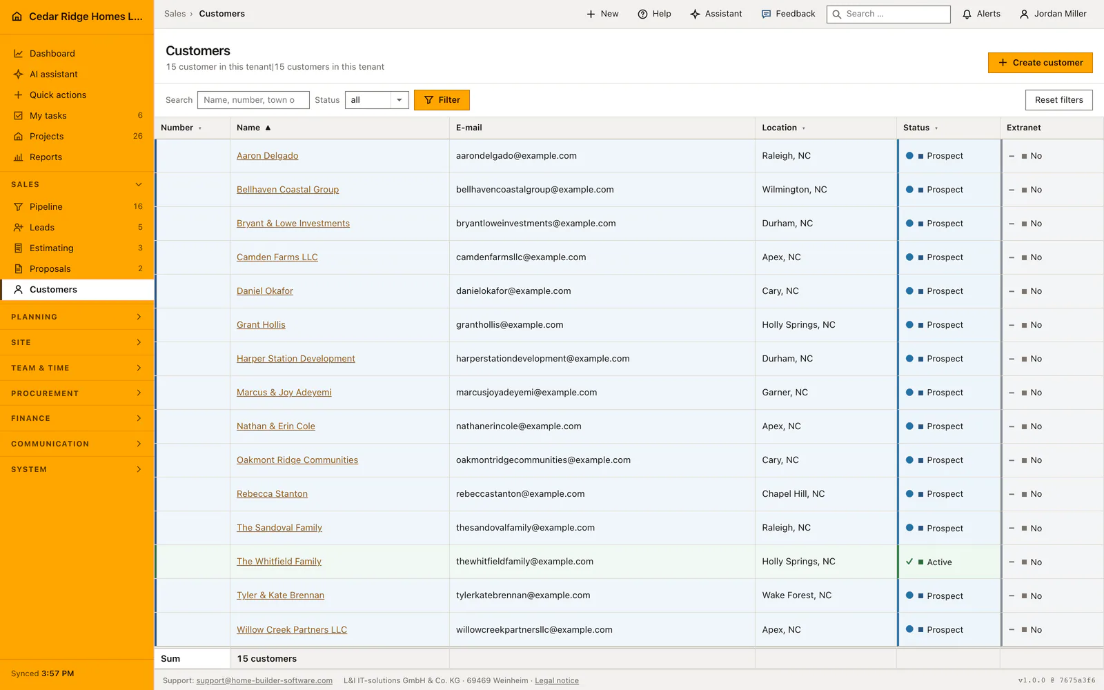Real Home Builder Software interface for Customer records for home builders