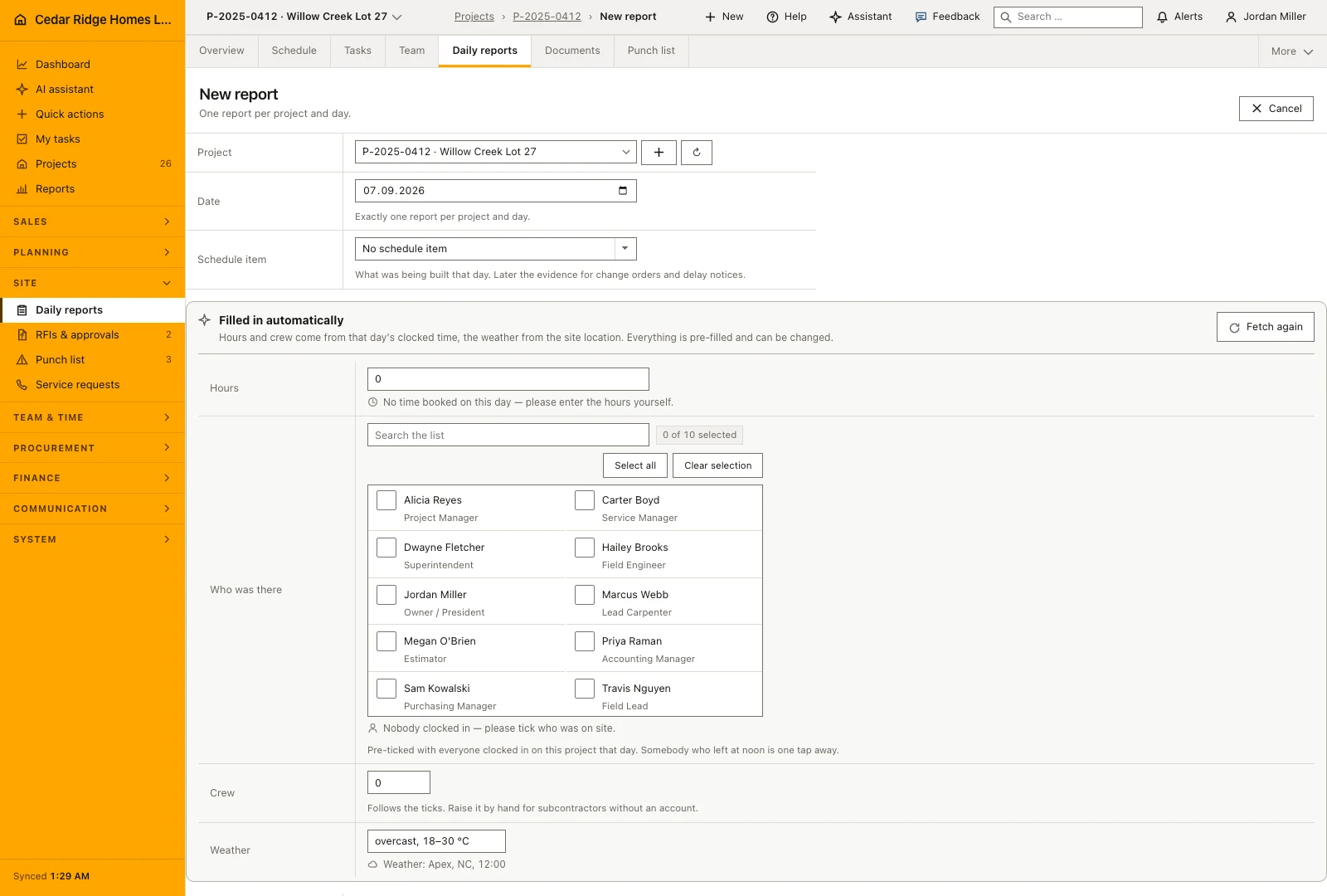 Real product screenshot: Construction daily reports