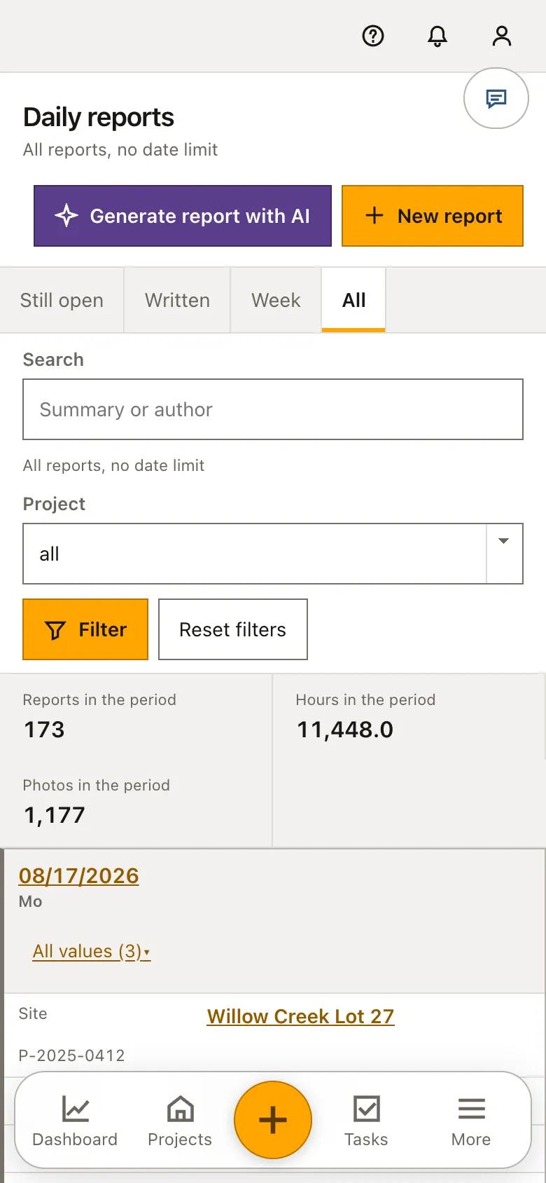 Real product screenshot: Construction daily reports