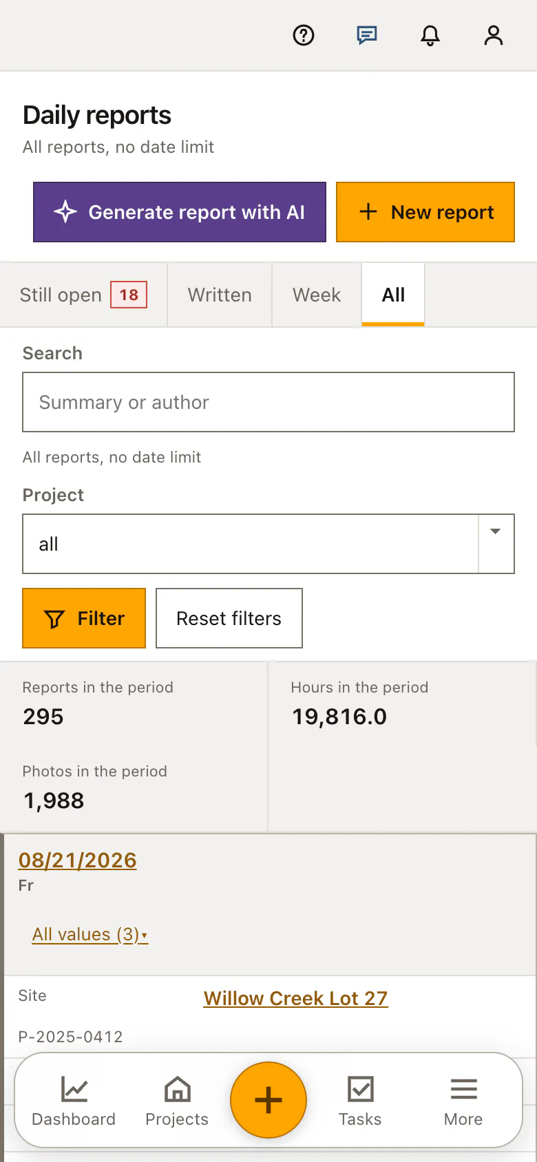 Real product screenshot: Construction daily reports
