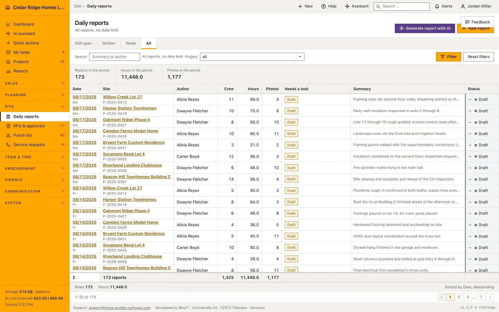 Real Home Builder Software interface for Construction daily reports