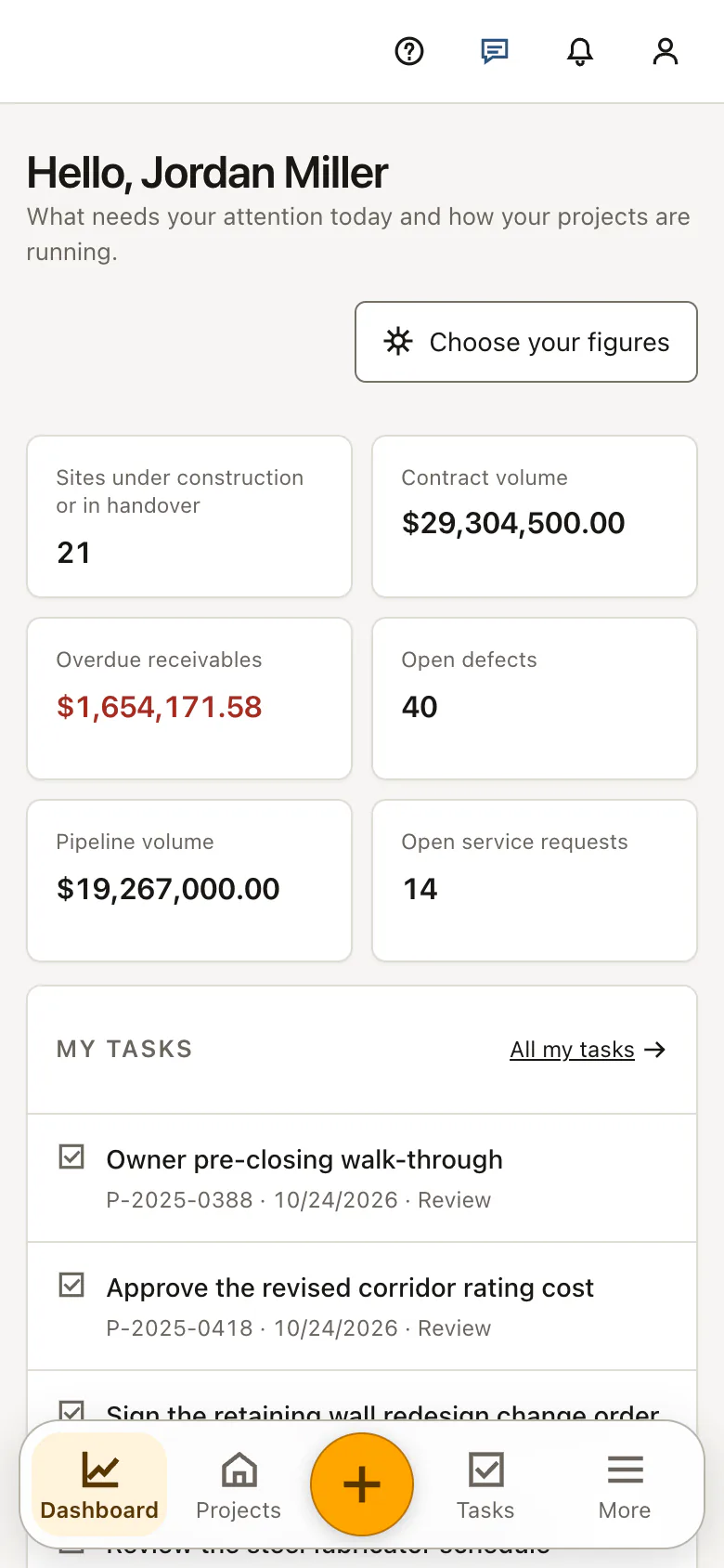 The dashboard on a phone: metric tiles, revenue curve and the bottom tab bar for dashboard, projects and tasks