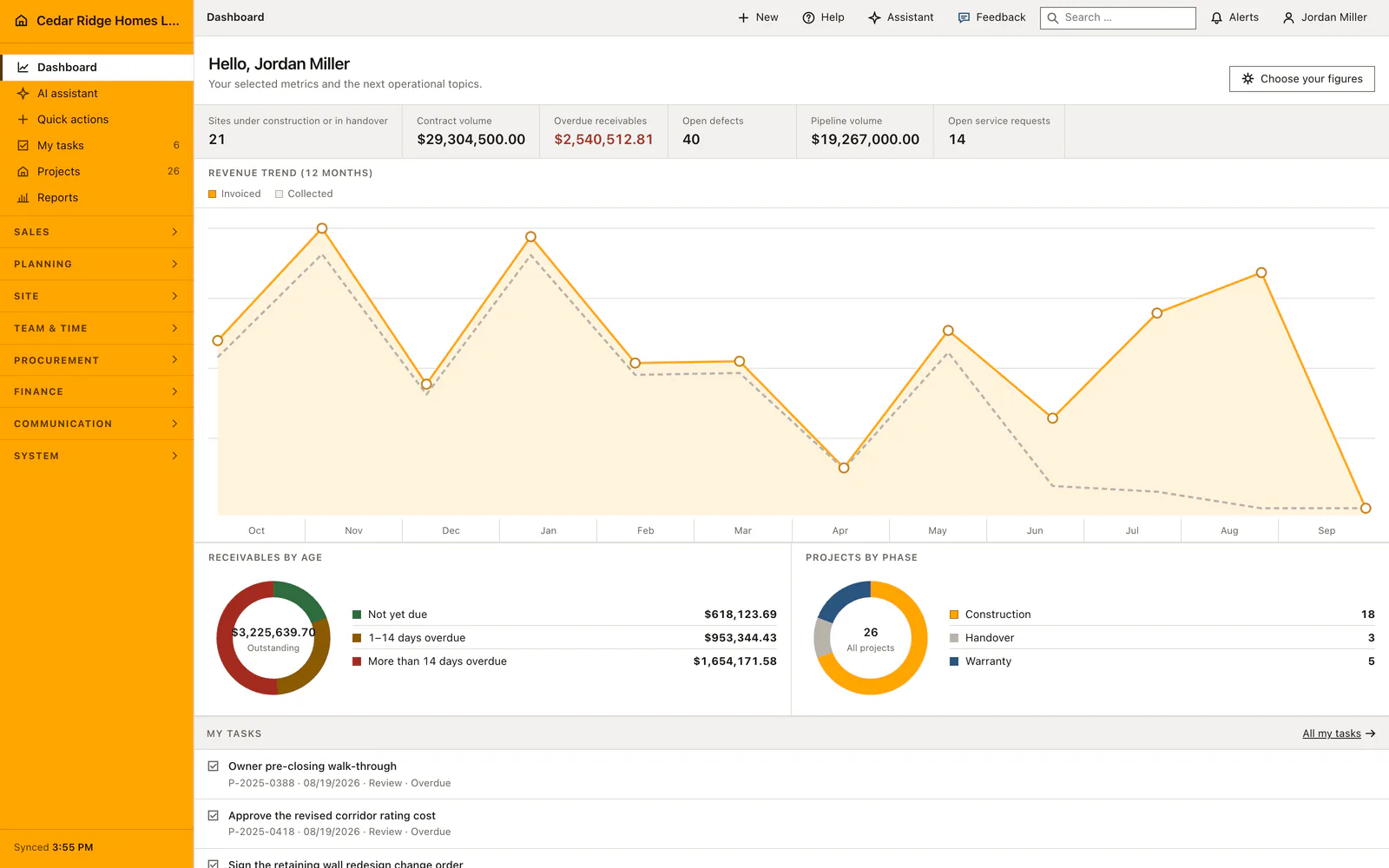 Home Builder Software dashboard with project, revenue and receivable information