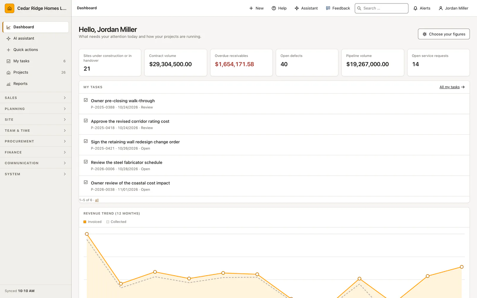 Home Builder Software dashboard with project, revenue and receivable information