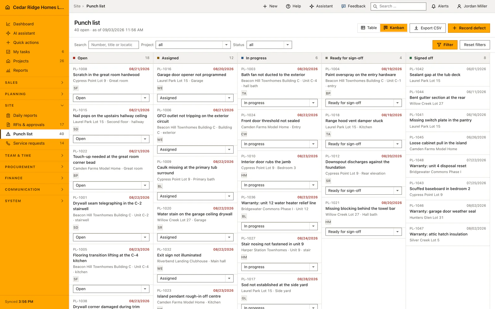 Real Home Builder Software interface for Construction punch list and defect management