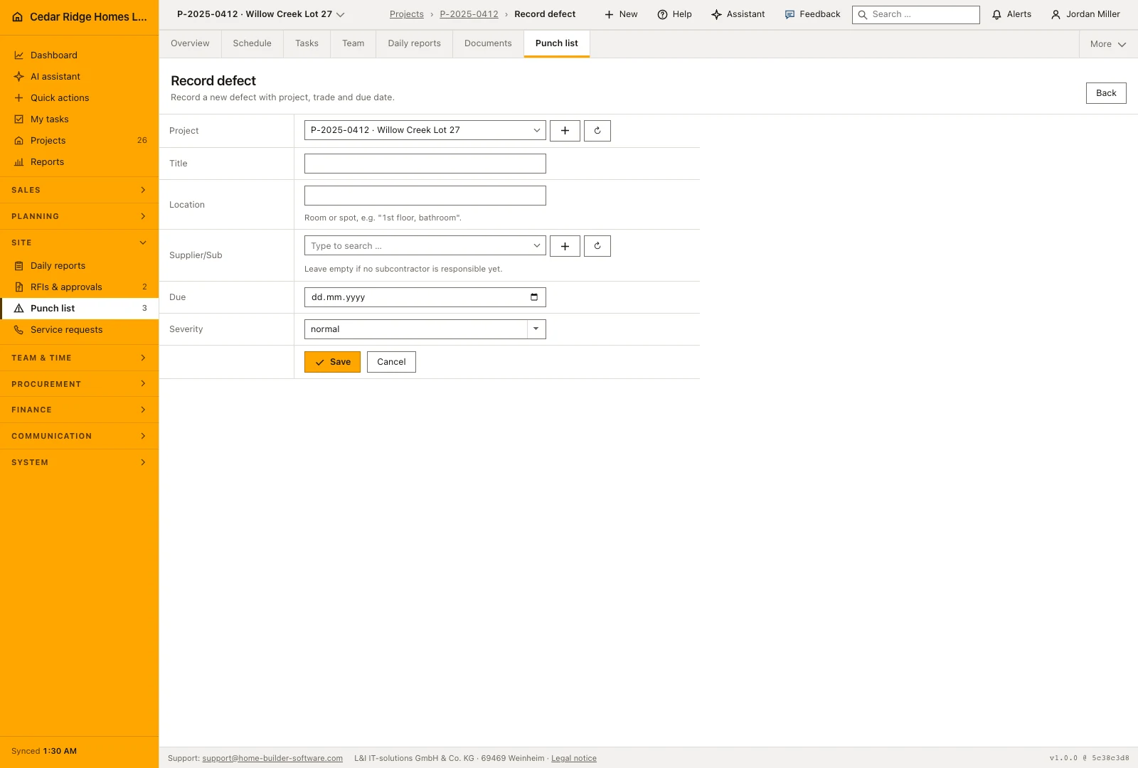 Real product screenshot: Construction punch list and defect management