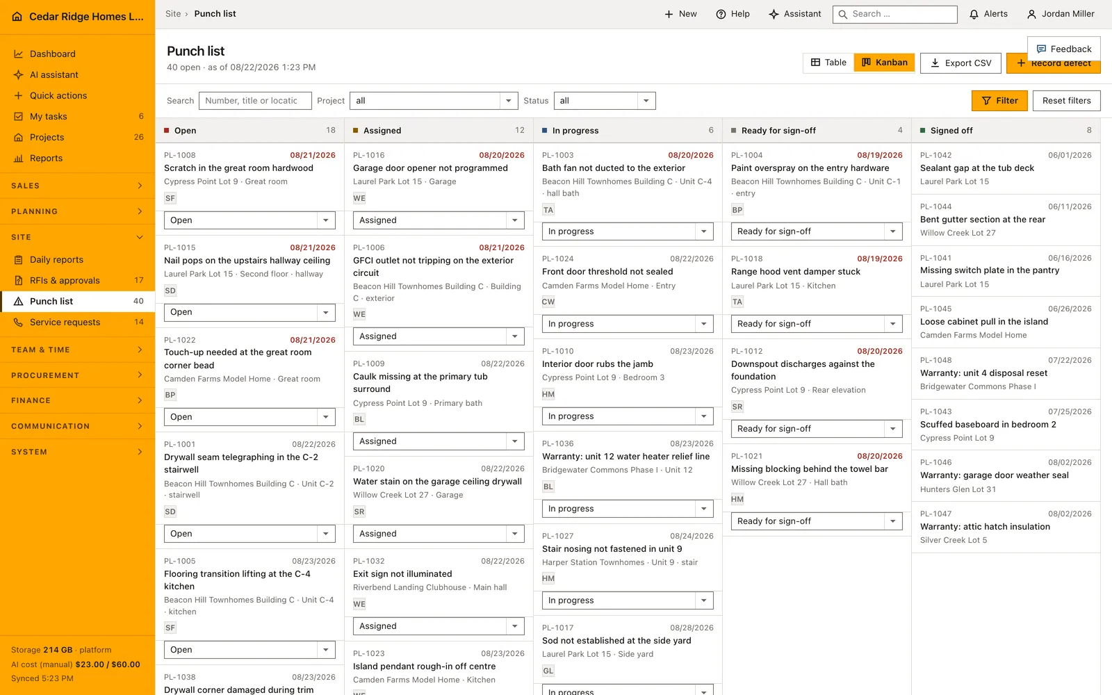 Real product screenshot: Construction punch list and defect management