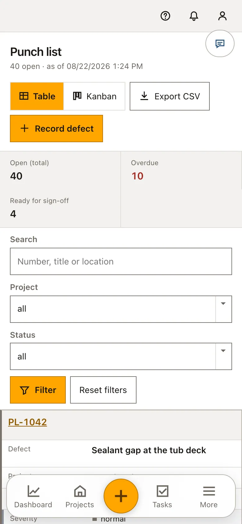 Real product screenshot: Construction punch list and defect management