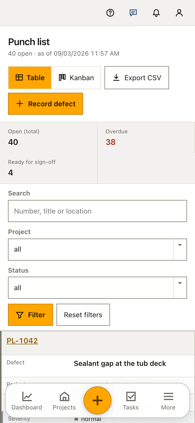 Real product screenshot: Construction punch list and defect management