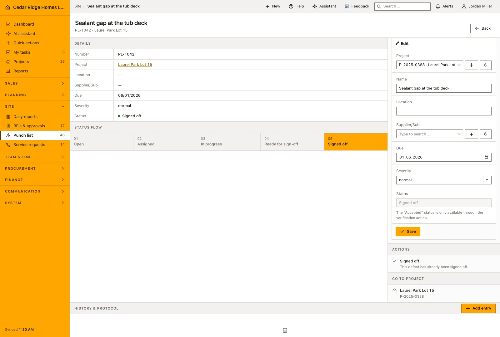 Real product screenshot: Construction punch list and defect management