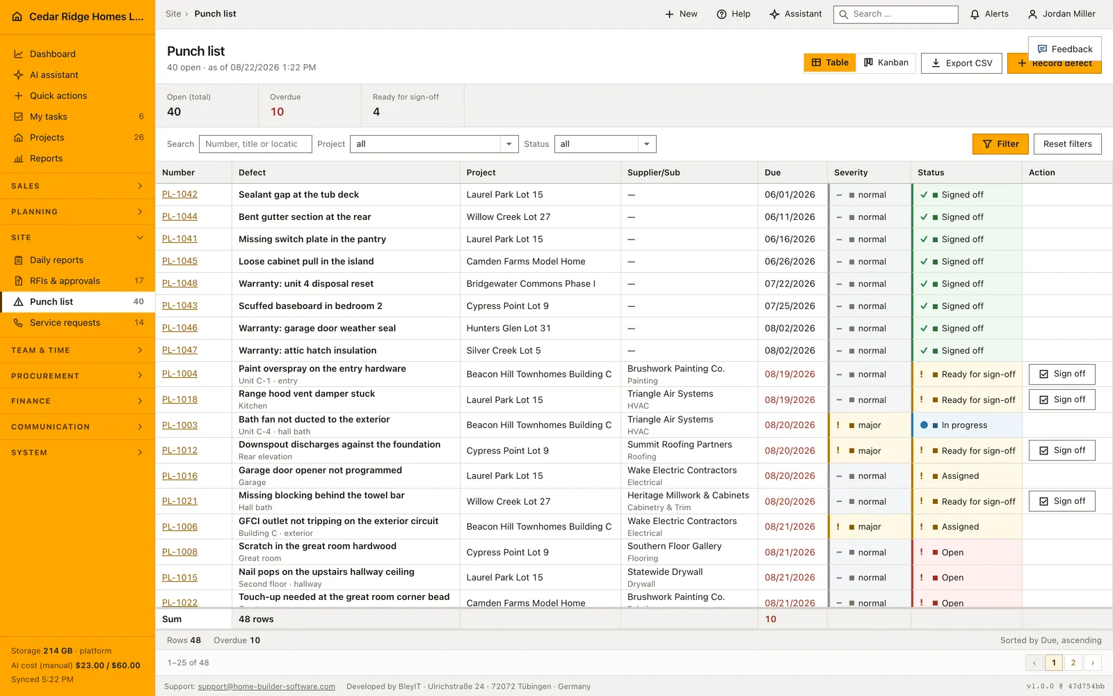 Real product screenshot: Construction subcontractor management