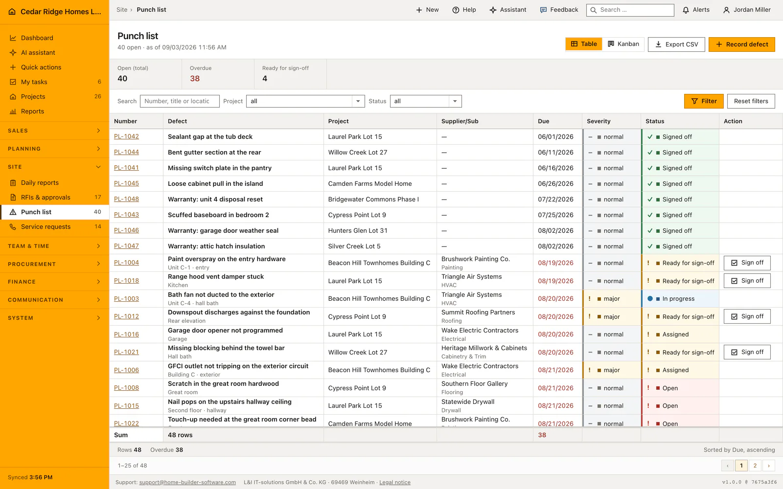 Real product screenshot: Construction punch list and defect management