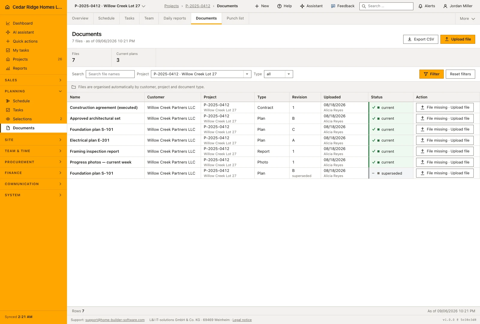 Real product screenshot: Construction document management