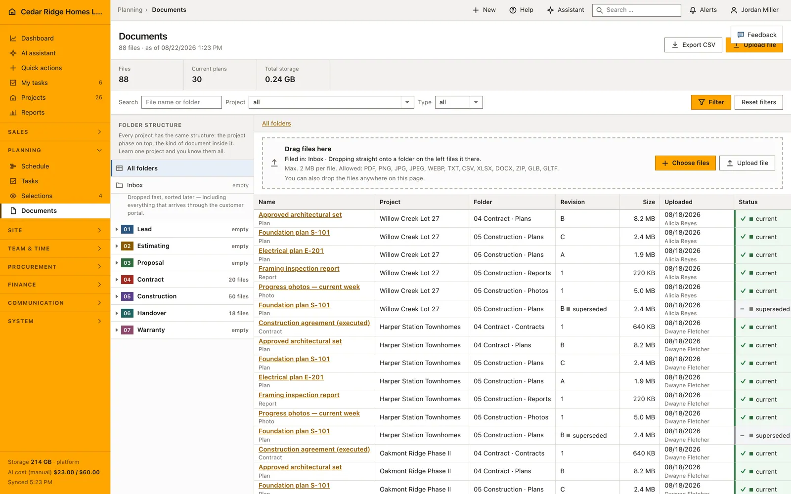 Real Home Builder Software interface for Construction document management