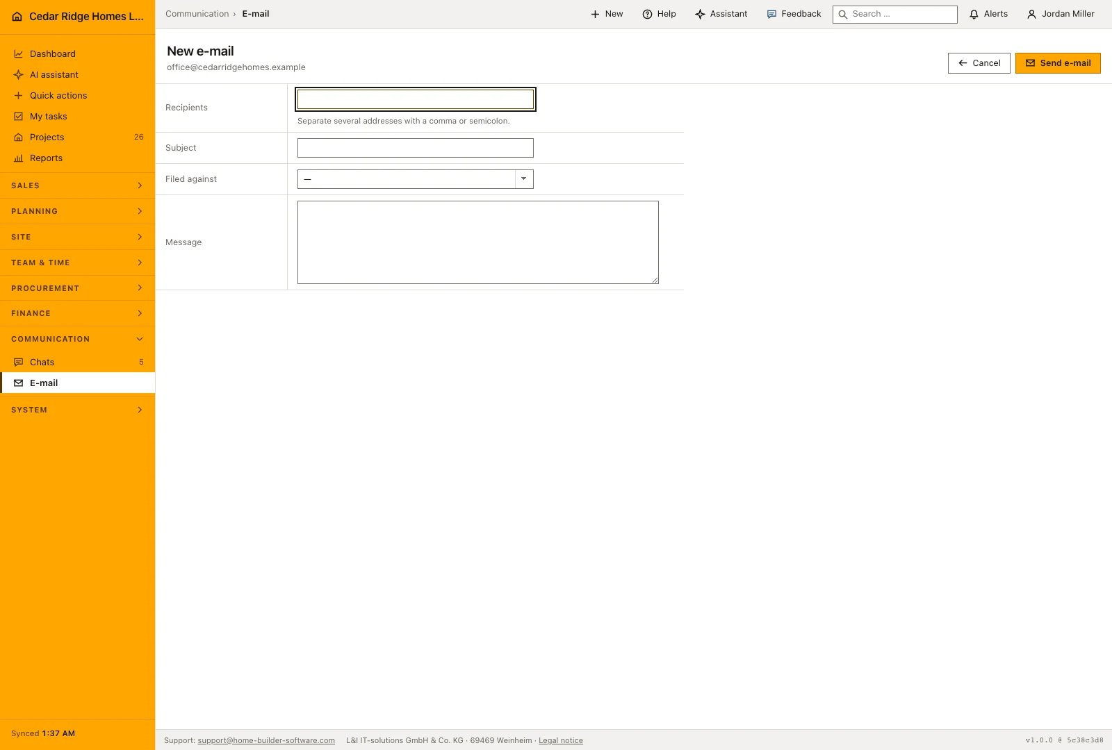 Real product screenshot: Project-connected construction email