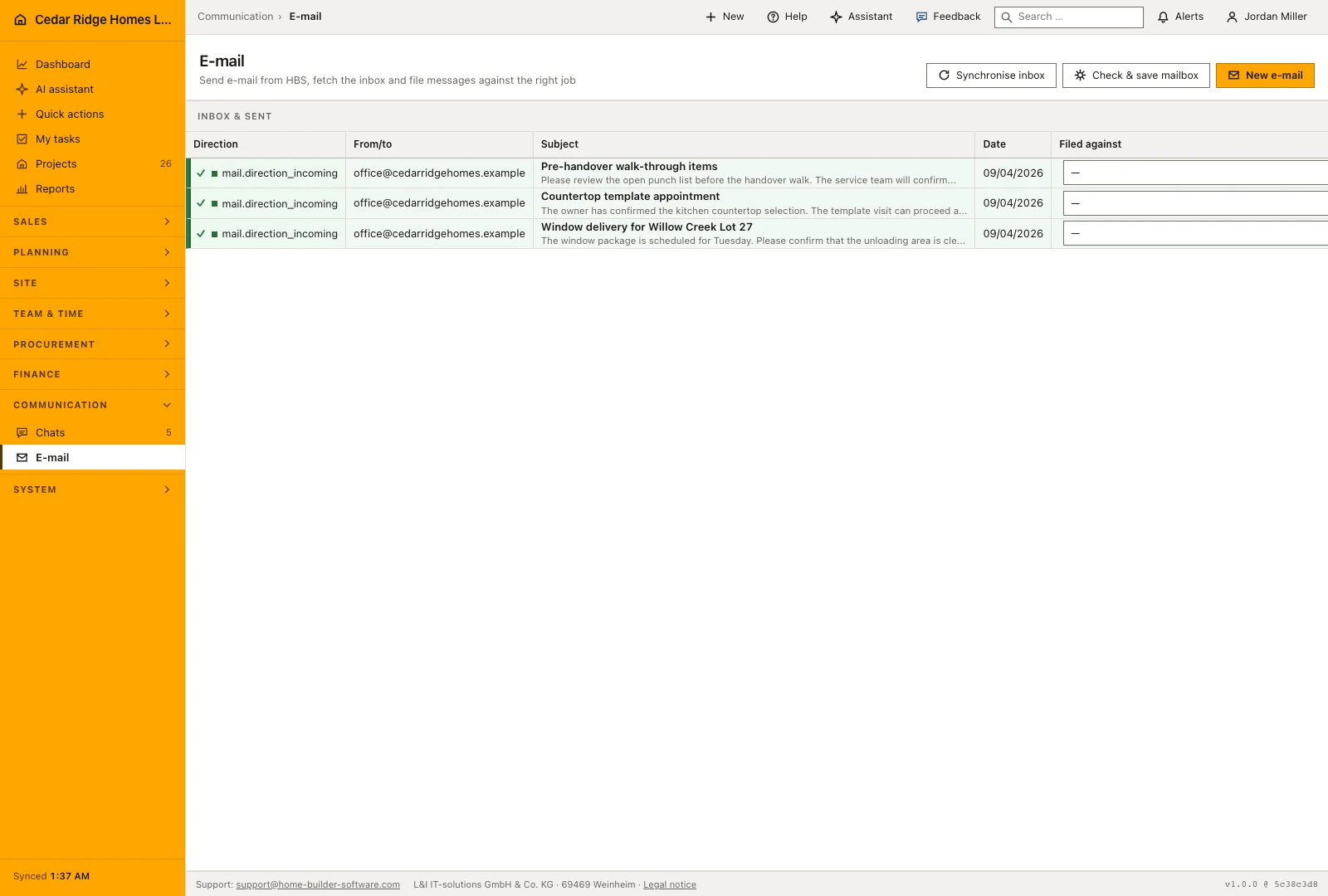 Real Home Builder Software interface for Project-connected construction email