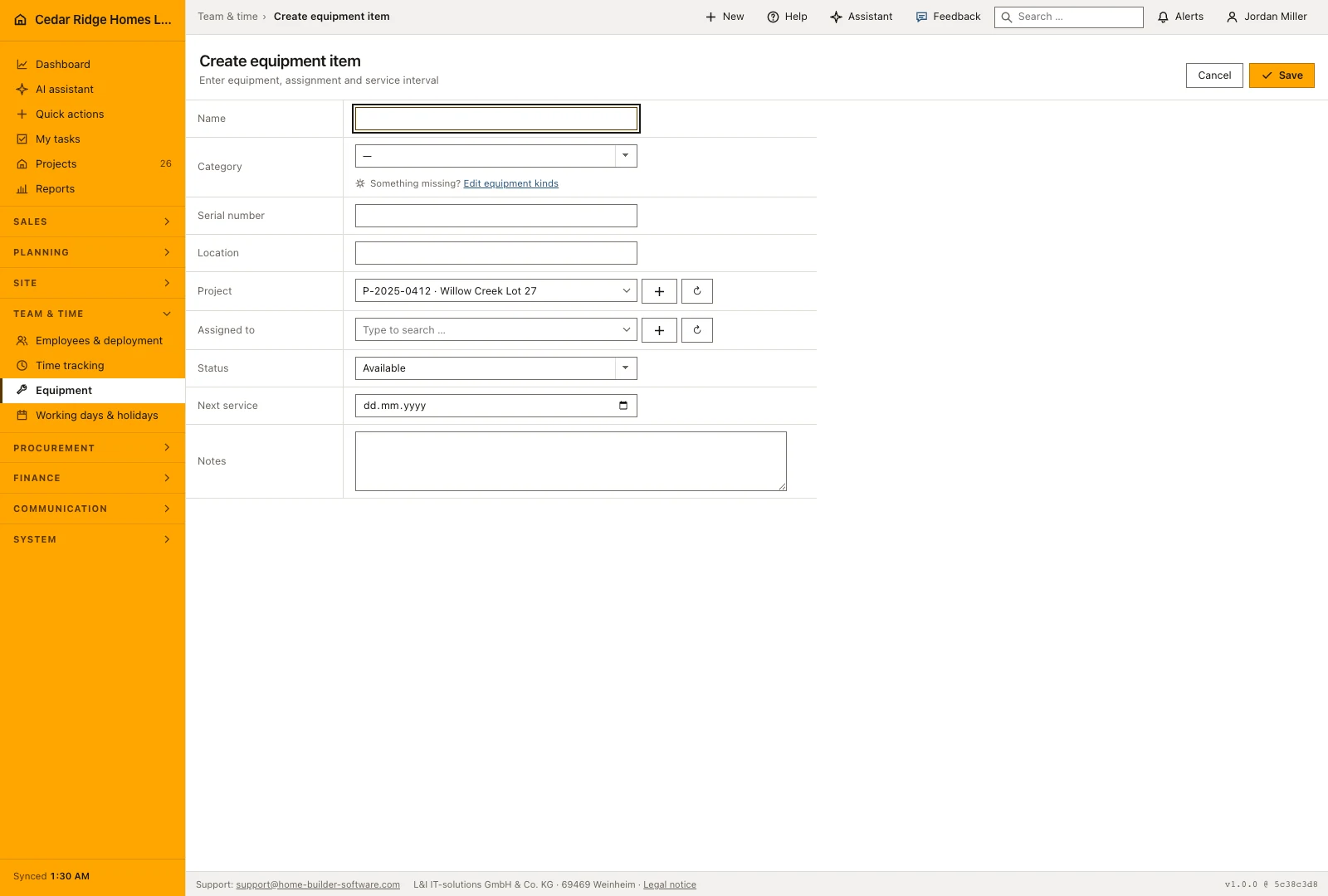 A new equipment item is recorded with identification, location, assignment and service information.