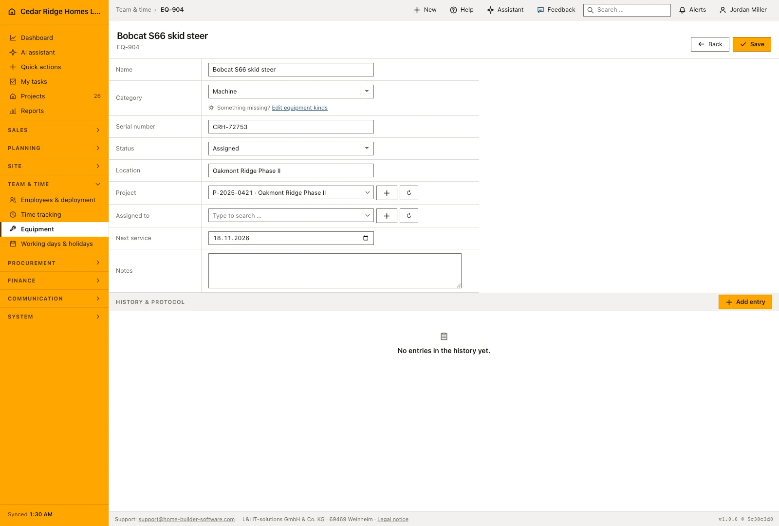 Real product screenshot: Construction equipment tracking