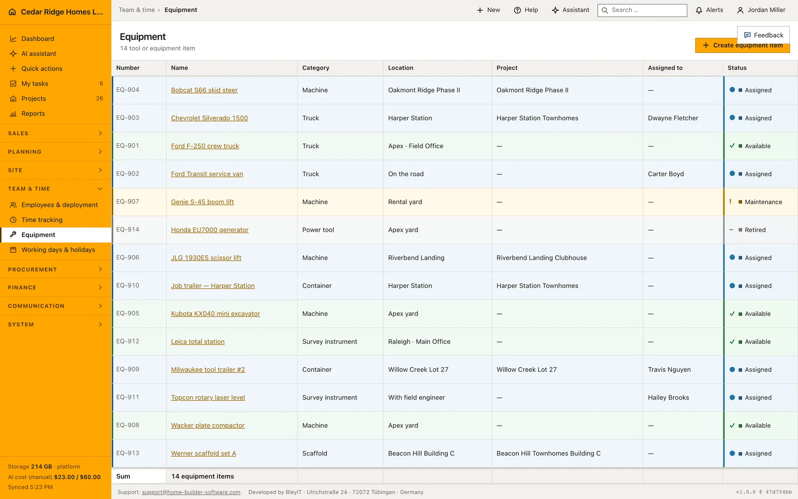 Real Home Builder Software interface for Construction equipment tracking